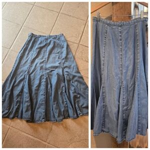 Vtg Chambray Denim Midi Skirt S Mermaid Flare Coldwater Creek